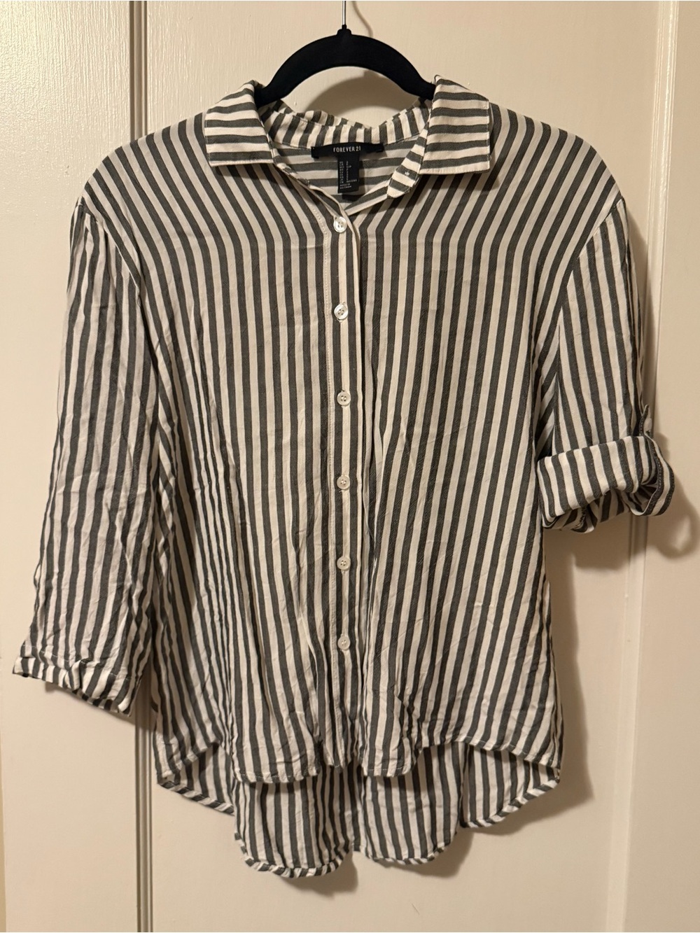 Forever 21 Black & White Vertical Stripe Button-Down Shirt, Size S